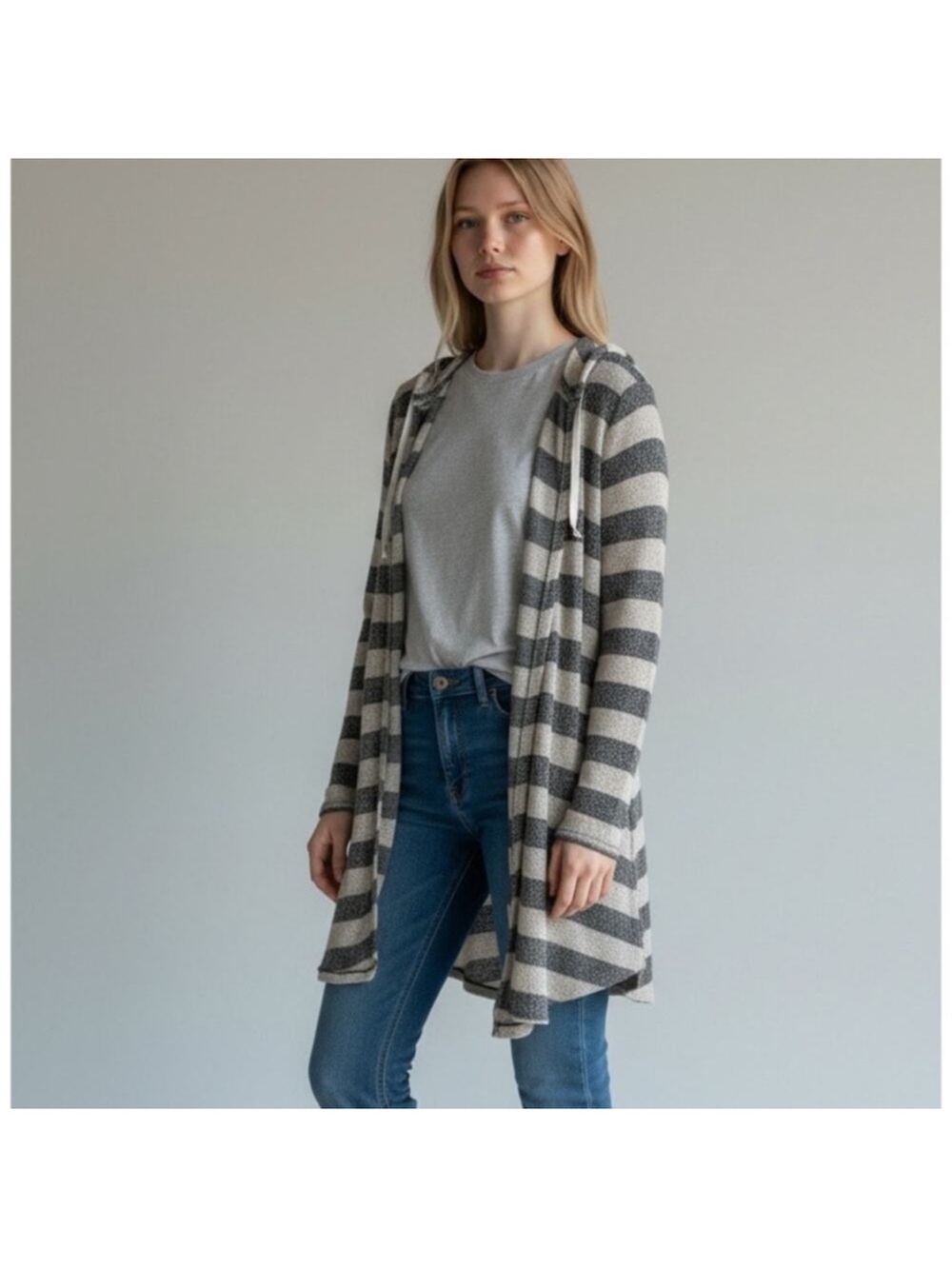 Abercrombie & Fitch Hooded Striped Cardigan — Gray & Cream